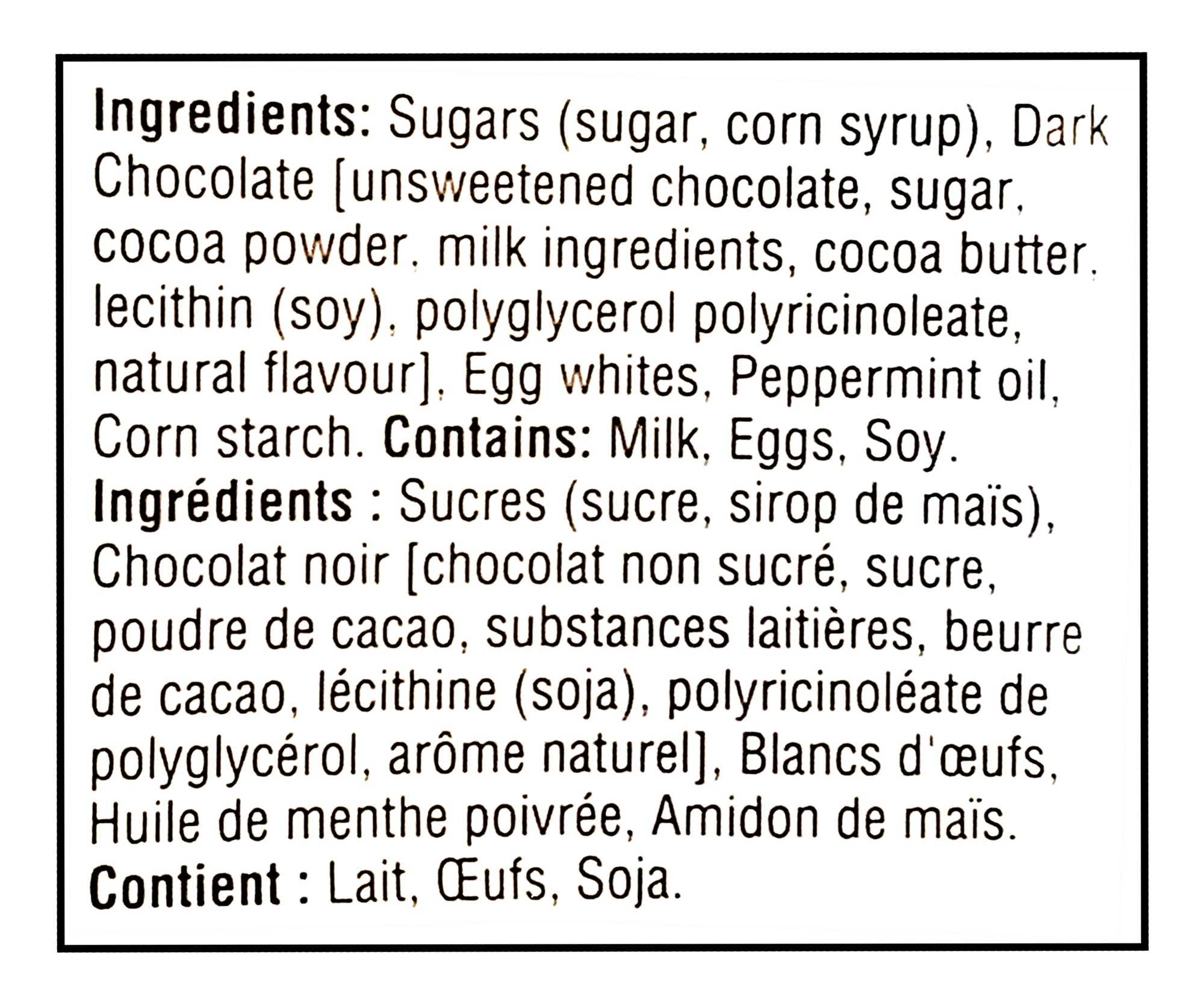 Ingredients list for YORK Dark Chocolate Peppermint Patties Miniatures - 200g with allergen warnings on a white background
