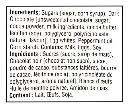 Ingredients list for YORK Dark Chocolate Peppermint Patties Miniatures - 200g with allergen warnings on a white background
