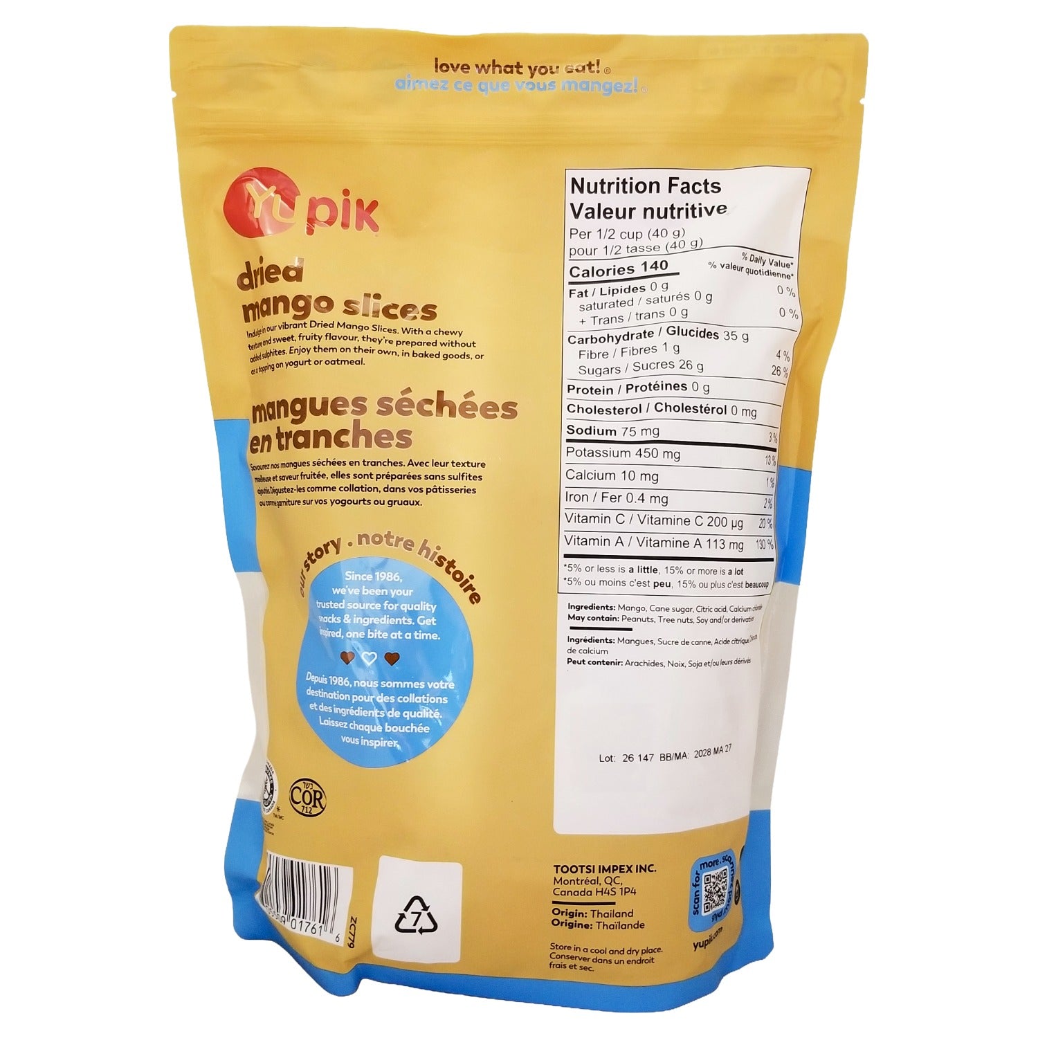 Yupik Dried Mango Slices 2 kg back label — bulk dried fruit snack shipped to the US
