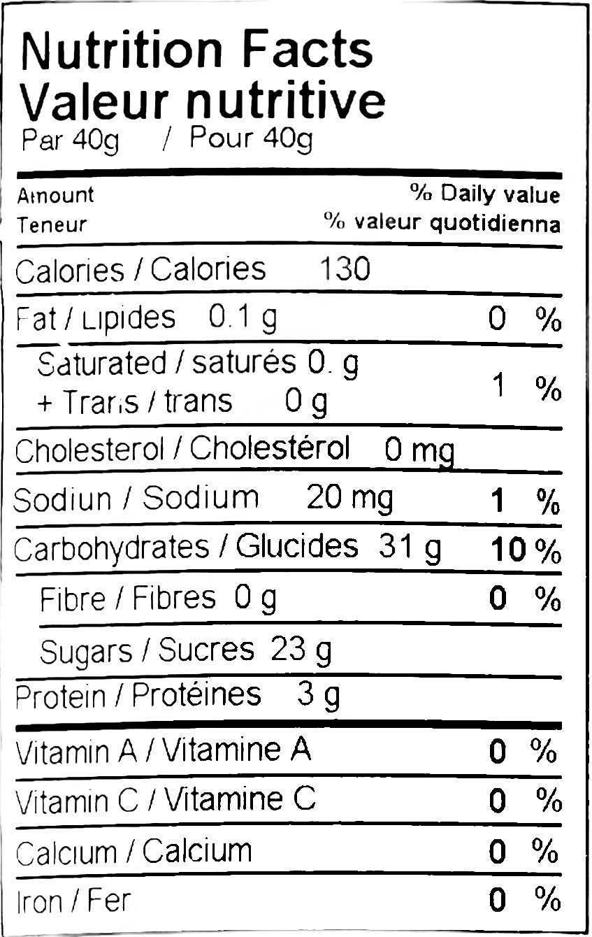 Yupik Caramel Drops Gummies 1kg, nutrition facts label.