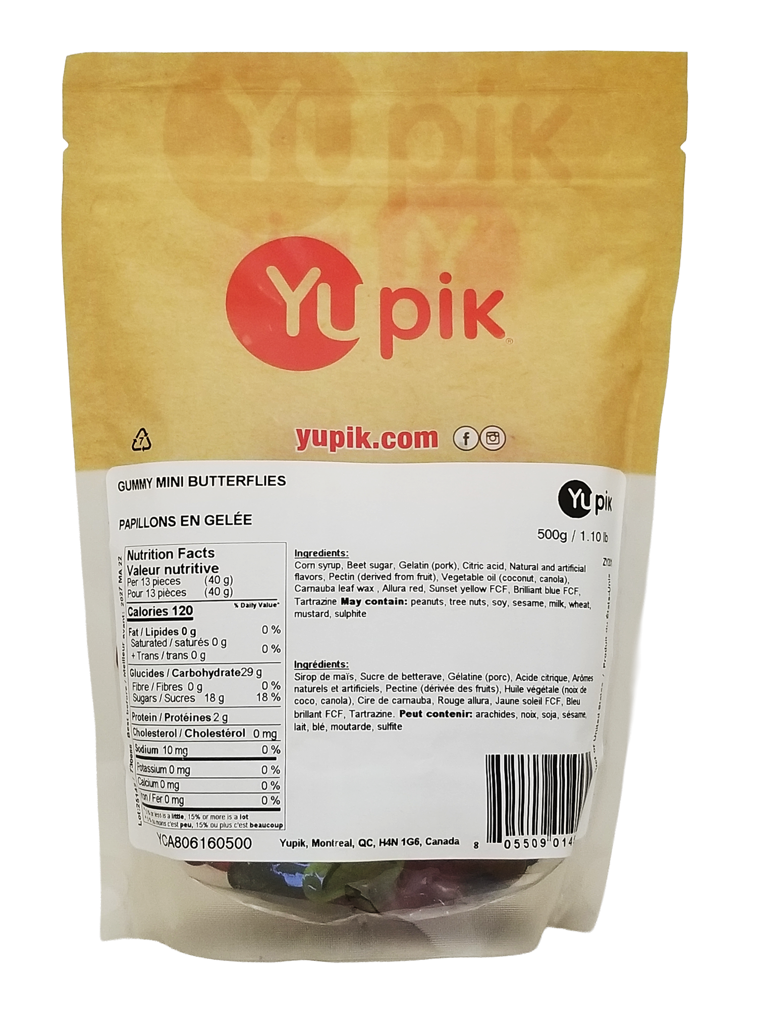 Yupik Mini Butterflies Gummy Candy - 500g package with nutritional facts on a white background