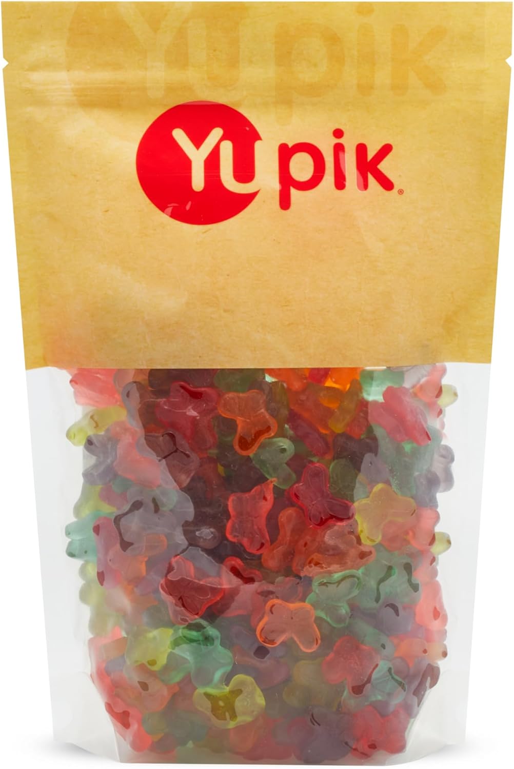 Packaged Yupik Mini Butterflies Gummy Candy - 500g on a yellow background