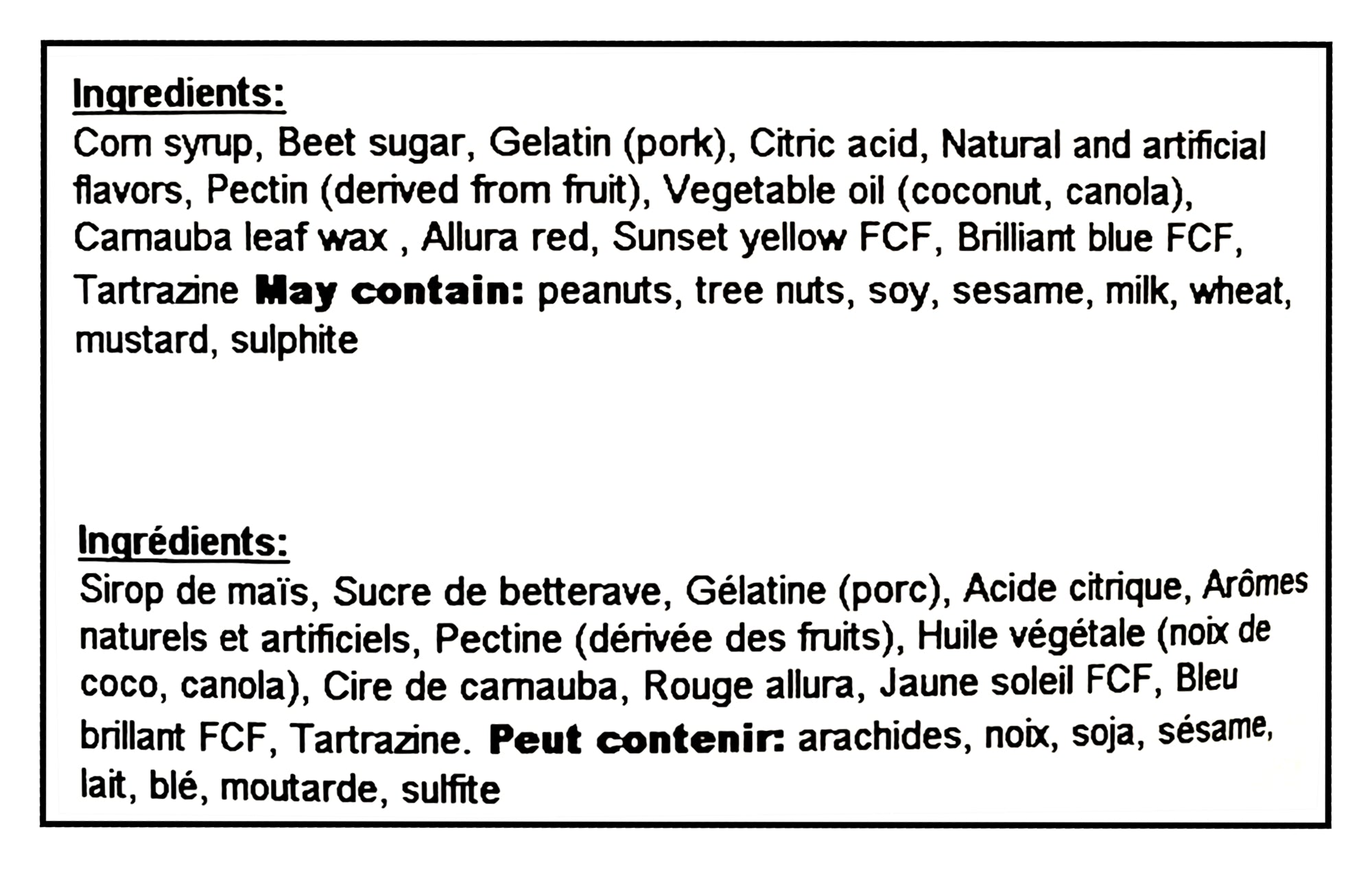 Ingredients list for Yupik Mini Butterflies Gummy Candy - 500g with corn syrup, beet sugar, gelatin, and various food additives on a black background.