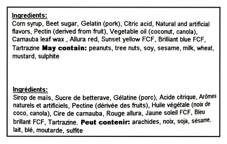 Ingredients list for Yupik Mini Butterflies Gummy Candy - 500g with corn syrup, beet sugar, gelatin, and various food additives on a black background.