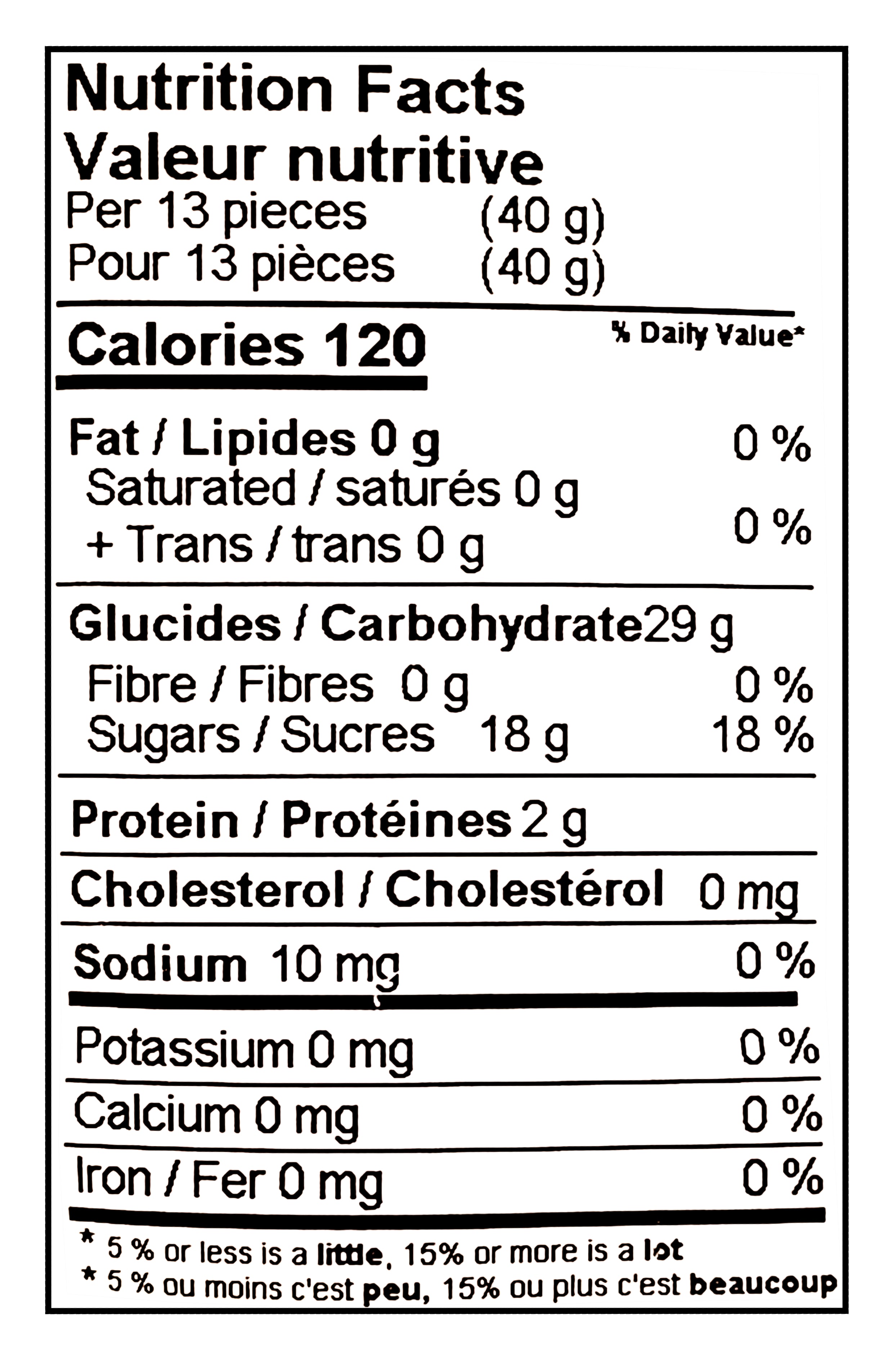 Nutrition facts label for Yupik Mini Butterflies Gummy Candy - 500g with 120 calories, 29g of carbohydrates, and 18g of sugars per serving.