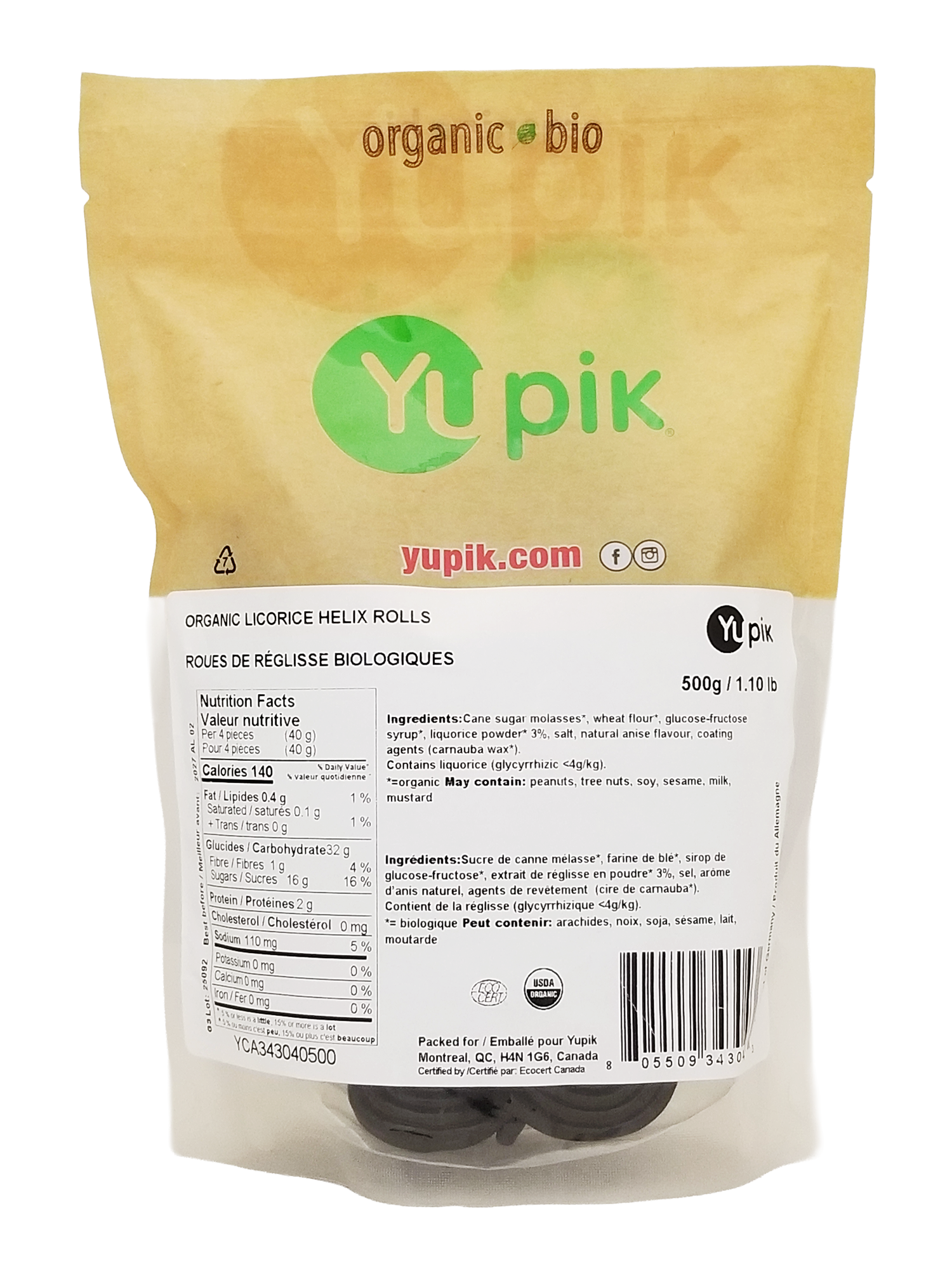 Yupik Organic Black Licorice Helix Rolls Candy - 500g package with visible branding and product details.