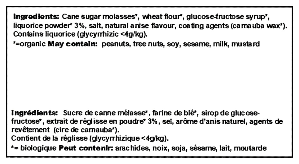 Ingredients list for Yupik Organic Black Licorice Helix Rolls Candy - 500g with warning about licorice and allergens on a black background
