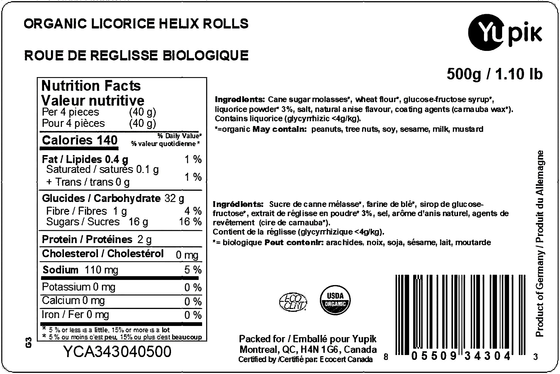 Yupik Organic Black Licorice Helix Rolls Candy - 500g label with nutritional information and product details.