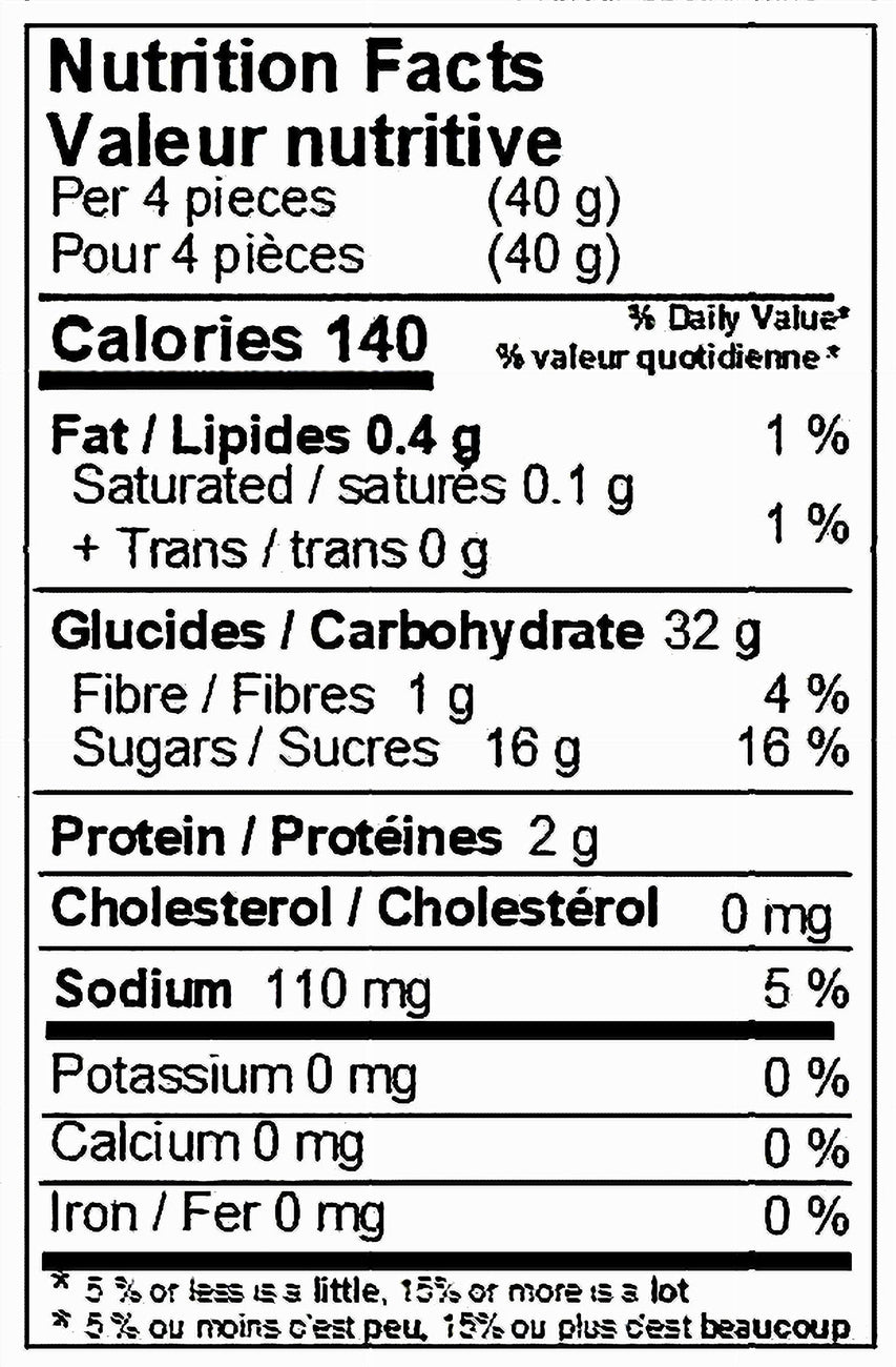 Nutrition facts label for Yupik Organic Black Licorice Helix Rolls Candy - 500g with specific calorie count, fat content, carbohydrates, and other nutritional values.