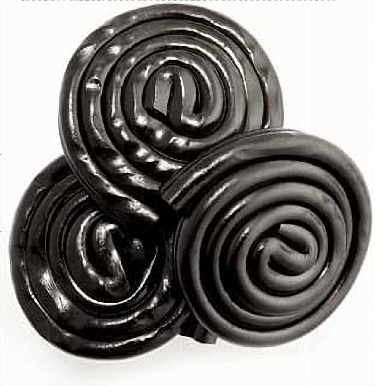 Three black licorice helix rolls candy on a white background