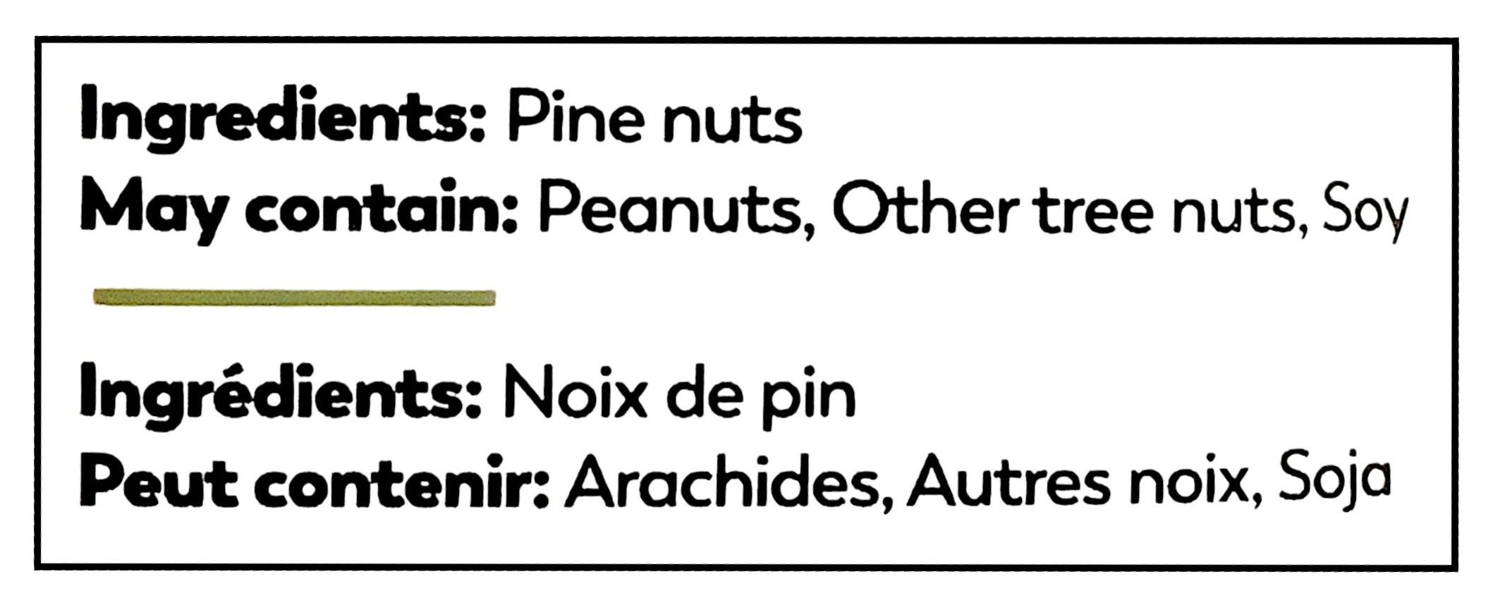 Yupik Raw Pine Nuts, 100g/3.5 oz. - Ingredients Label