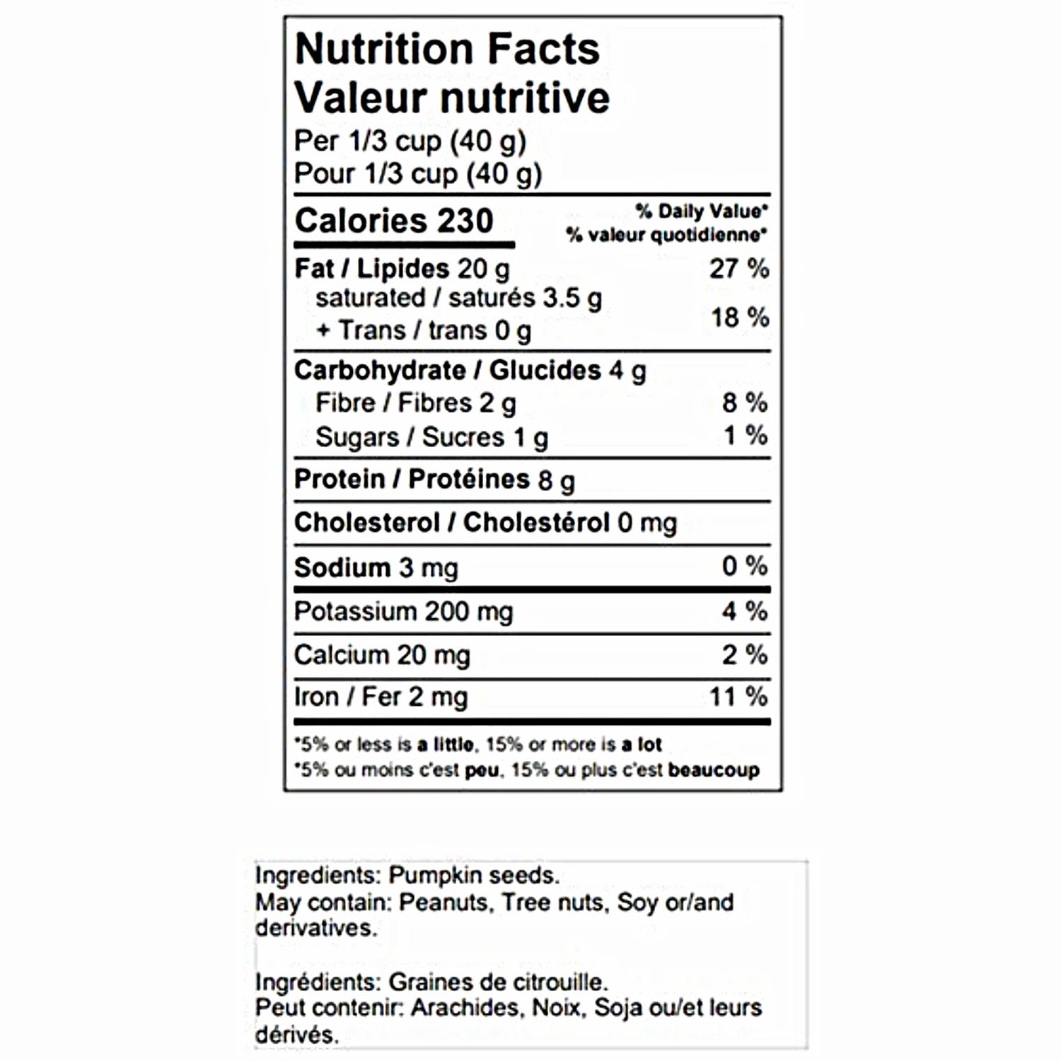 Yupik Raw Pumpkin Seeds nutrition facts panel — 8g protein, 230 calories per 40g serving, ingredients list