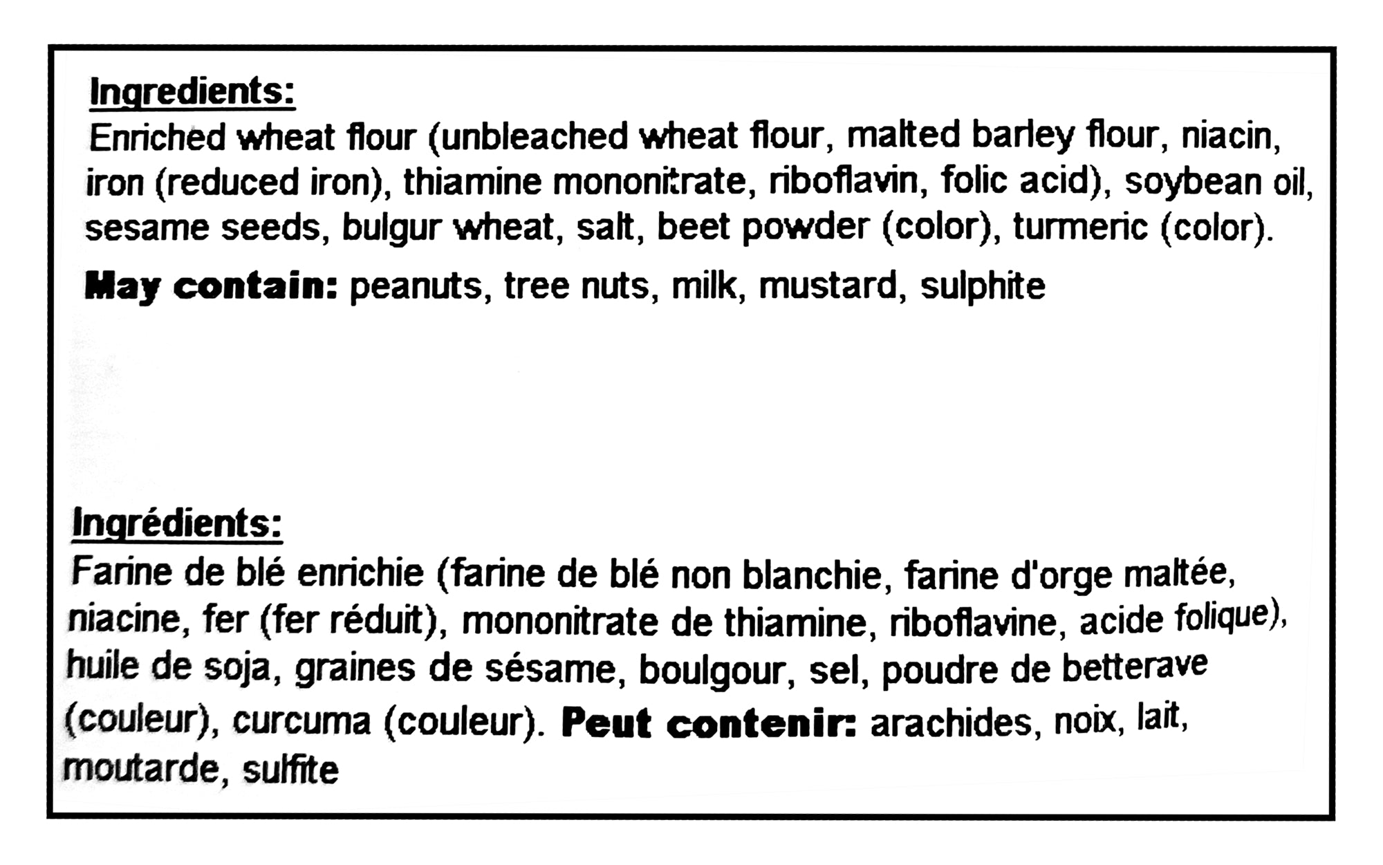 List of ingredients for Yupik Salted Sesame Sticks - 500g with a black border