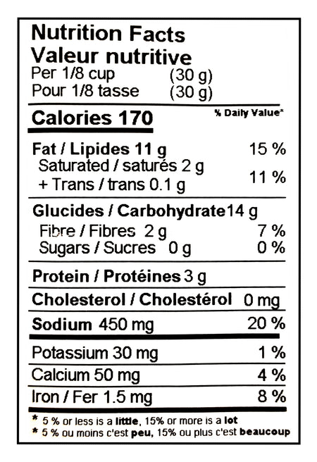 Nutrition facts label for Yupik Salted Sesame Sticks - 500g in both English and French.