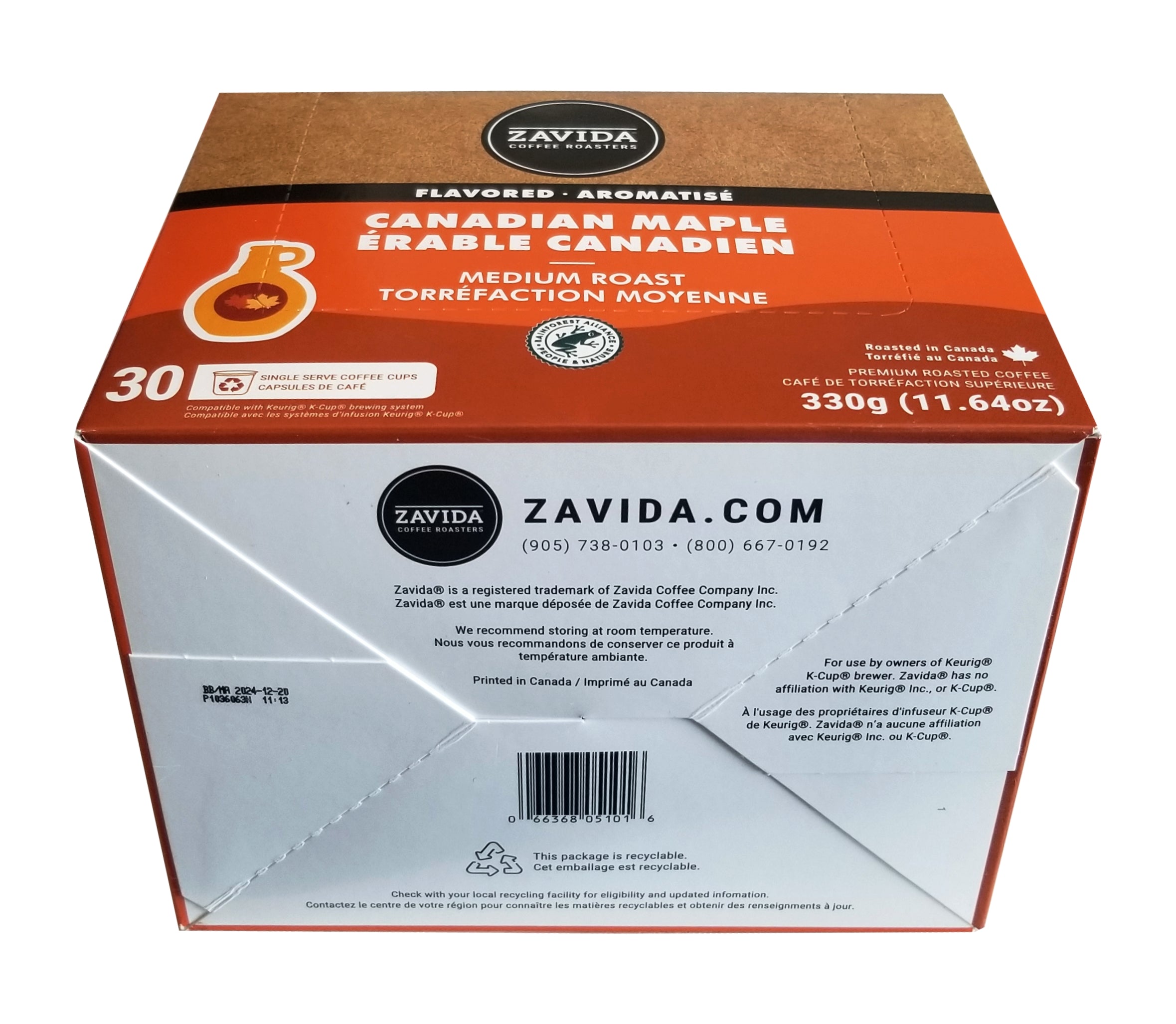 Zavida Canadian Maple Medium Dark Roast Coffee, 30 K-cups, 330g/11.6 oz