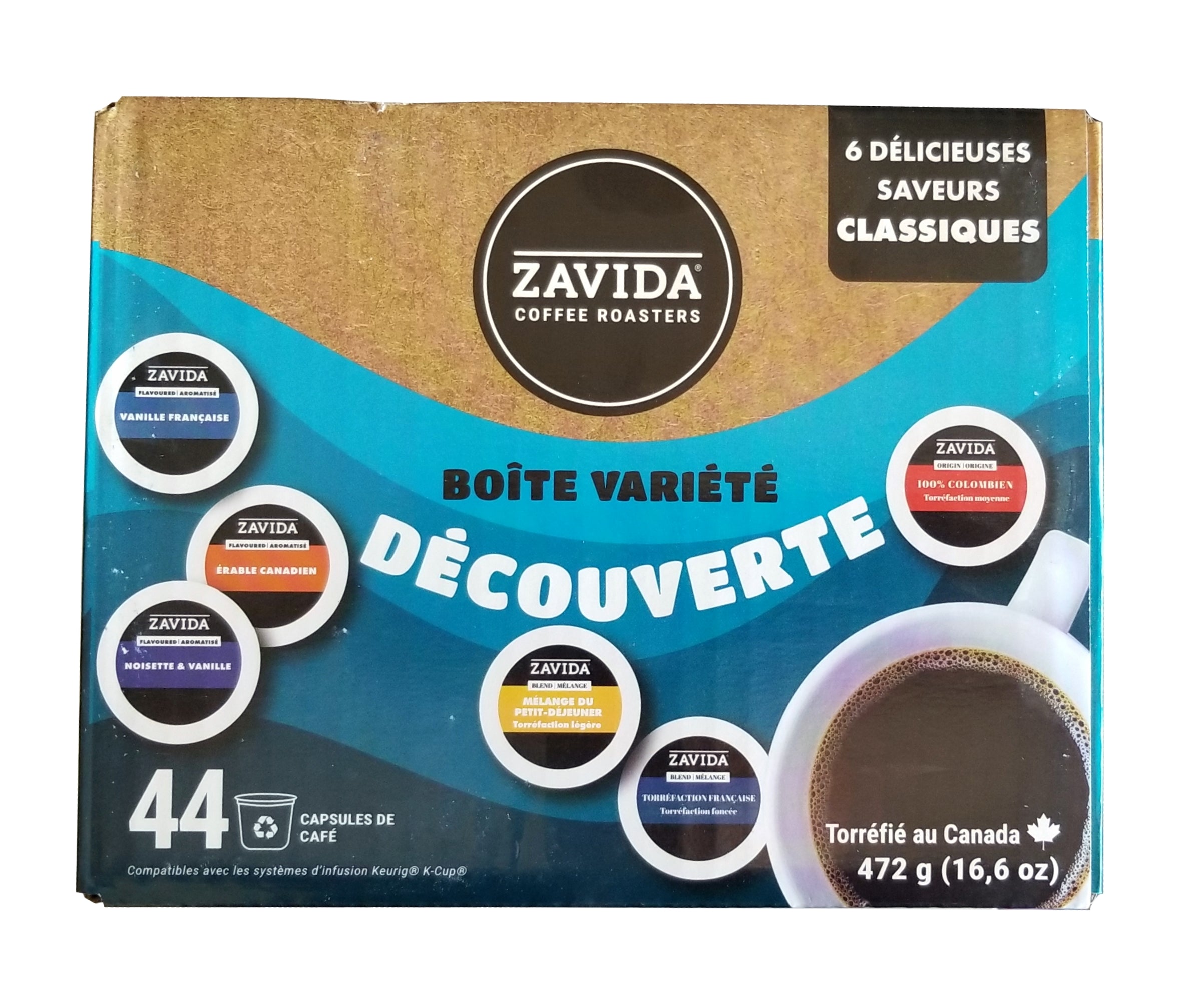 Zavida Coffee Roaster Discovery Variety Pack, 6 Great Classic Coffee Flavors, 44 K-cups, 475g/1 lb