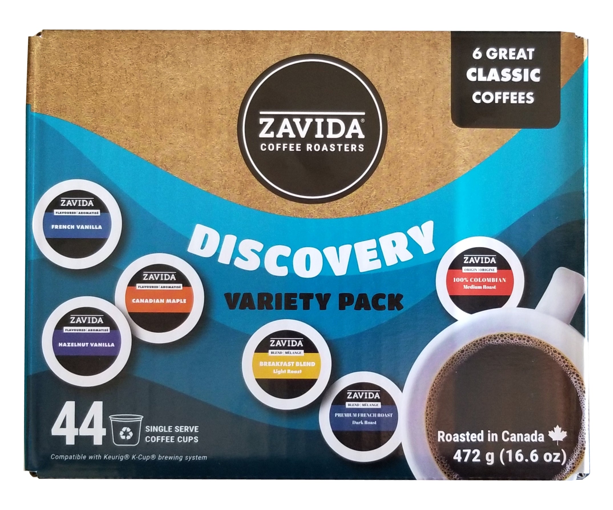 Zavida Coffee Roaster Discovery Variety Pack, 6 Great Classic Coffee Flavors, 44 K-cups, 475g/1 lb