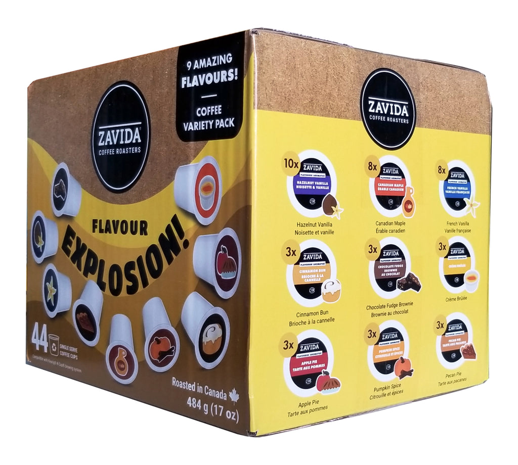 Zavida Coffee Roaster Flavor Explosion Variety Pack, 9 Amazing Coffee Flavors, 44 K-cups, 484g/17 oz. Box {Imported from Canada}