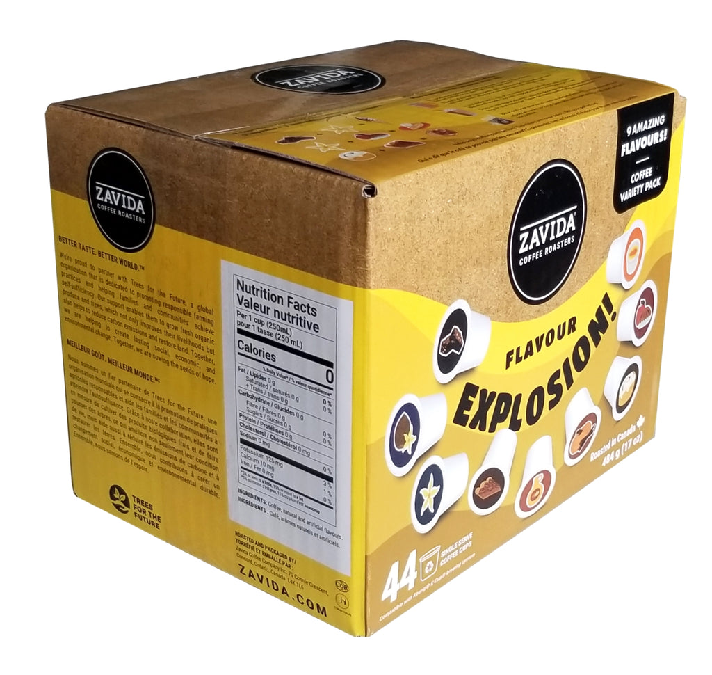 Zavida Coffee Roaster Flavor Explosion Variety Pack, 9 Amazing Coffee Flavors, 44 K-cups, 484g/17 oz. Box {Imported from Canada}