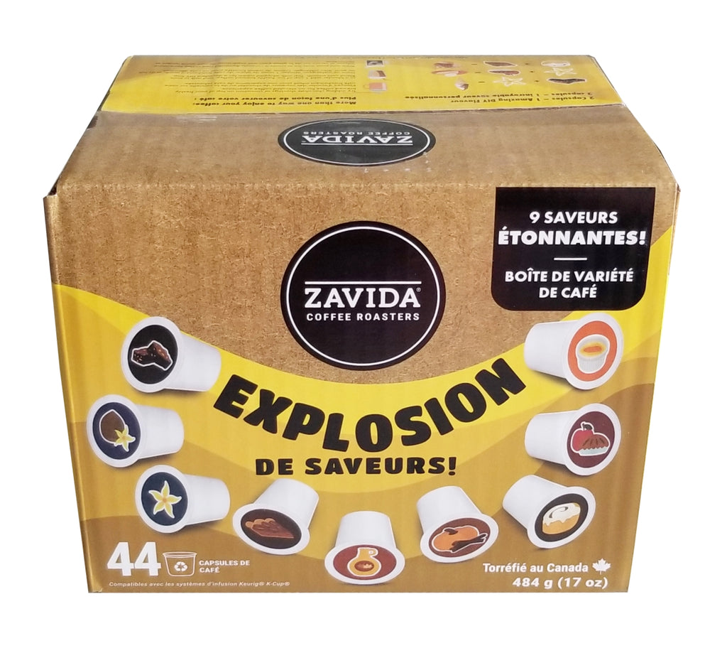 Zavida Coffee Roaster Flavor Explosion Variety Pack, 9 Amazing Coffee Flavors, 44 K-cups, 484g/17 oz. Box {Imported from Canada}