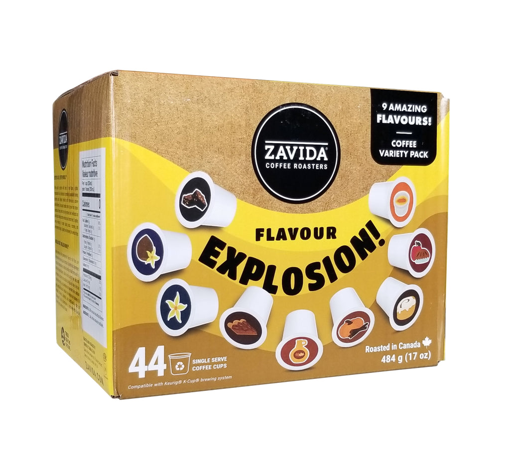 Zavida Coffee Roaster Flavor Explosion Variety Pack, 9 Amazing Coffee Flavors, 44 K-cups, 484g/17 oz. Box {Imported from Canada}