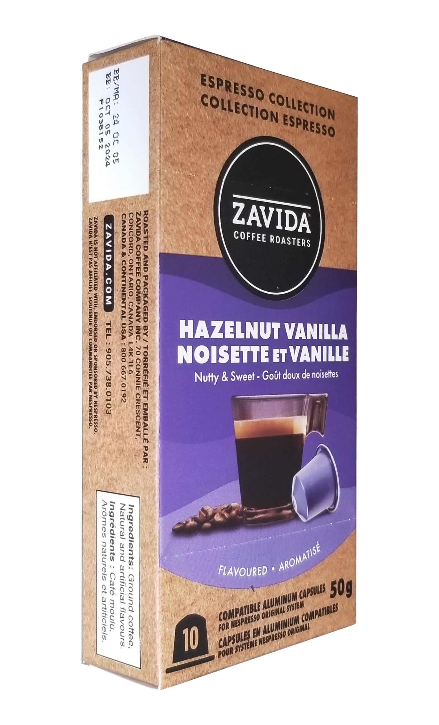 Zavida Espresso Collection Hazelnut Vanilla Coffee, 10 Aluminum Capsules, 50g/1.75 oz. Box {Imported from Canada}