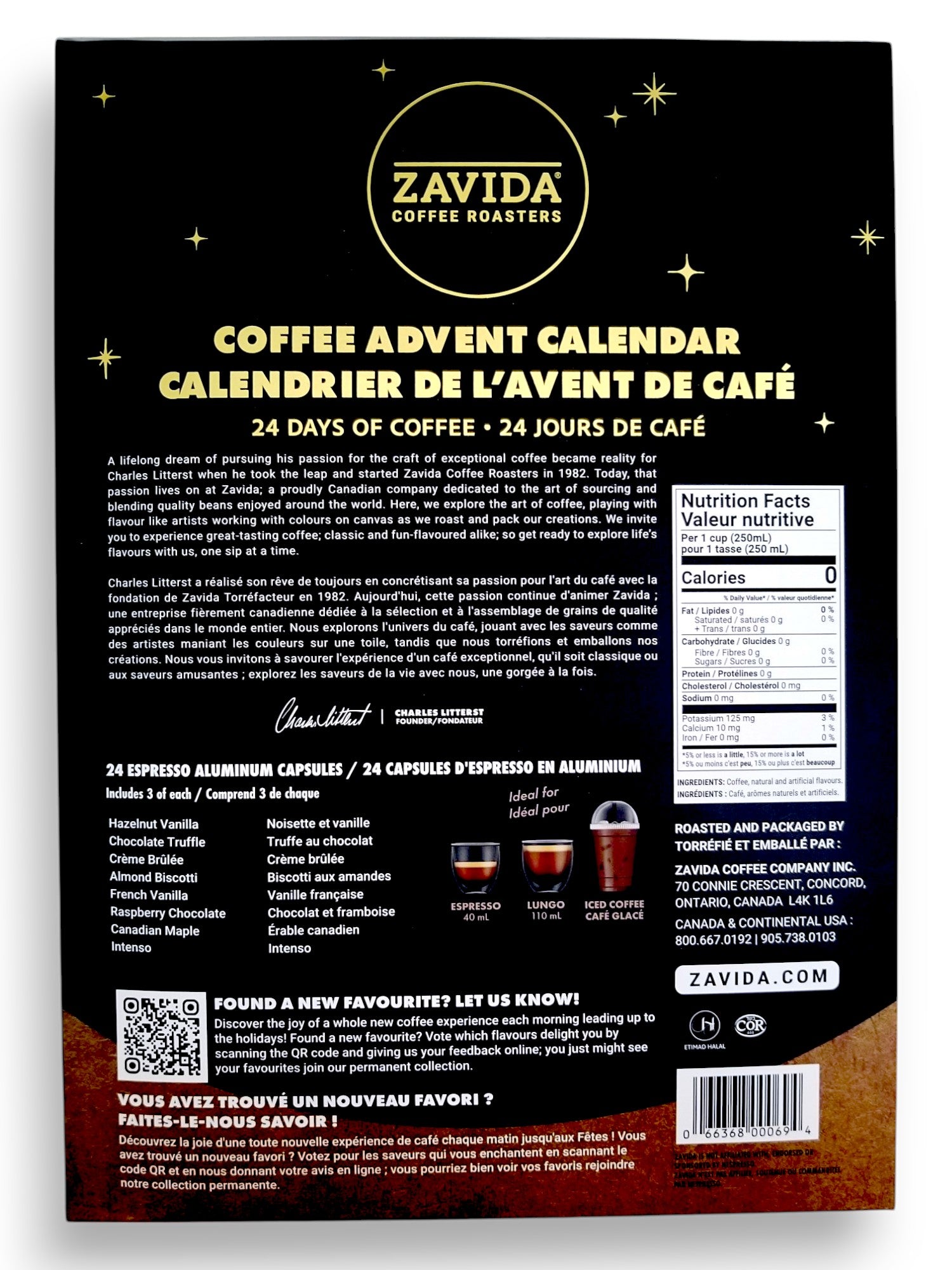 Back of Zavida 24 Days of Coffee Advent Calendar, Assorted Single Serve Coffee Flavors, 24 Espresso Aluminum Capsules, Compatible For Nespresso Original System, 120g/4.2 oz. Box