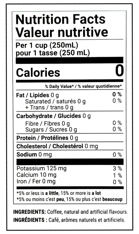 Nutrition and ingredients label of Zavida 24 Days of Coffee Advent Calendar, Assorted Single Serve Coffee Flavors, 24 Espresso Aluminum Capsules, Compatible For Nespresso Original System, 120g/4.2 oz. Box