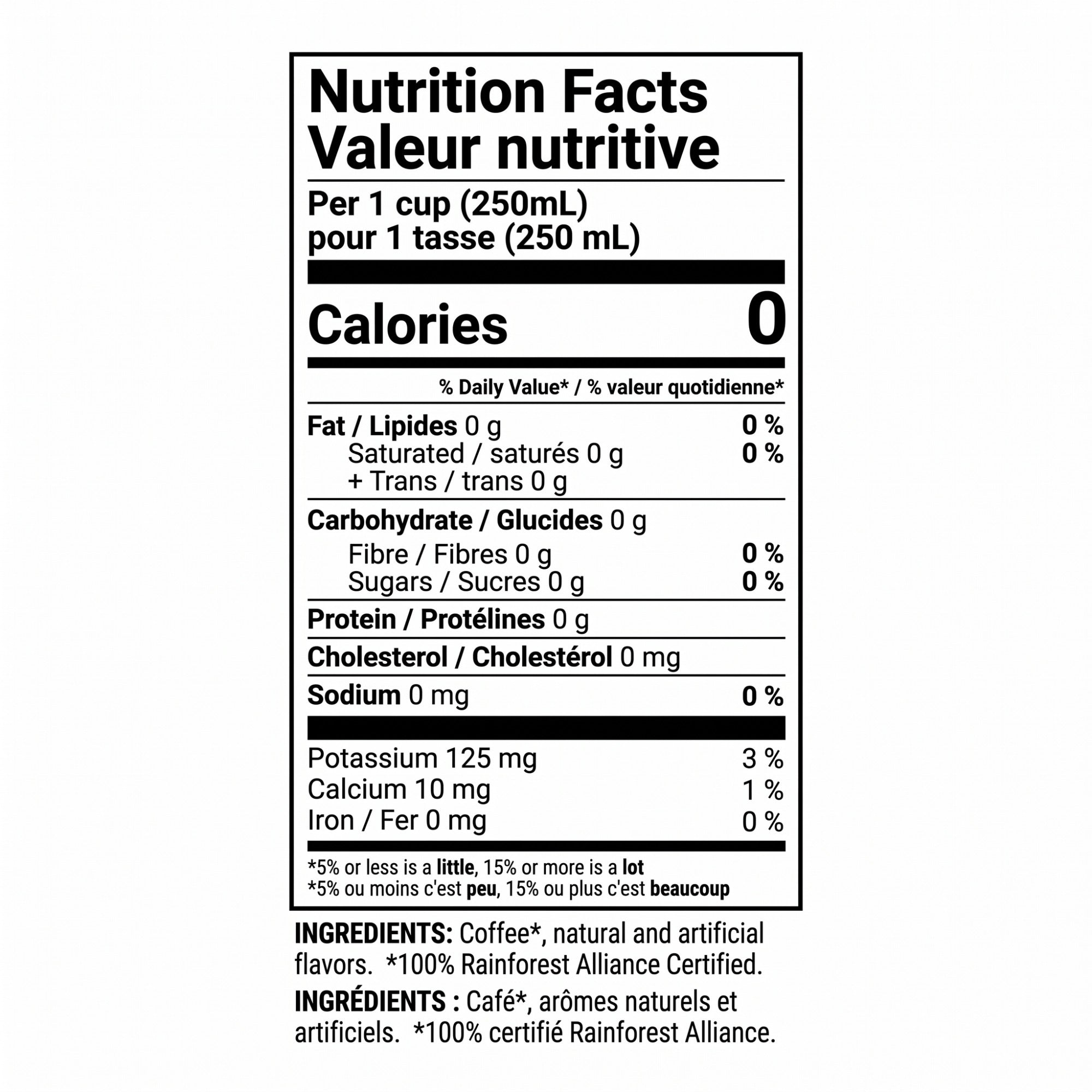 Zavida Canadian Maple coffee pods nutrition and ingredients panel