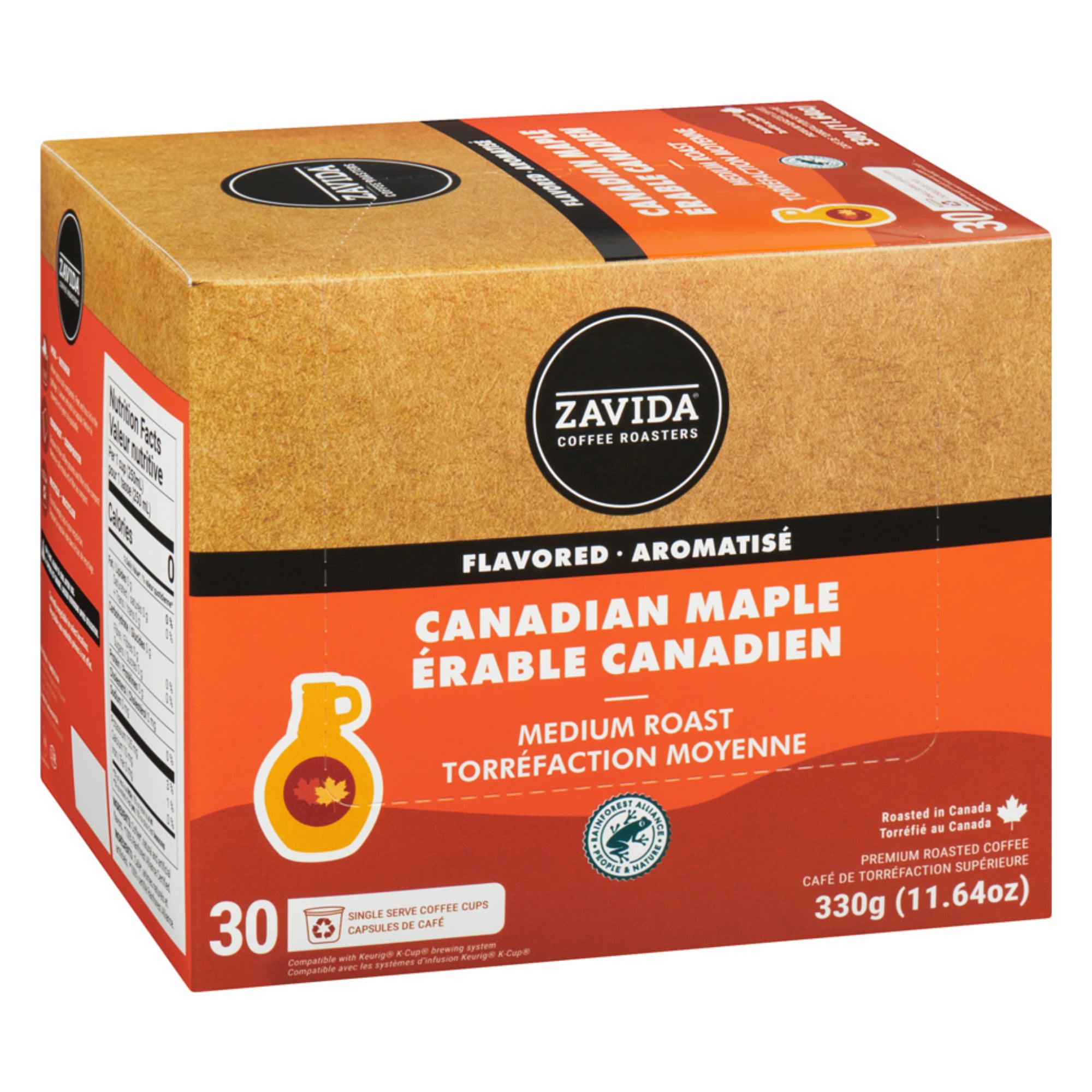 Zavida Canadian Maple coffee pods package at an angle