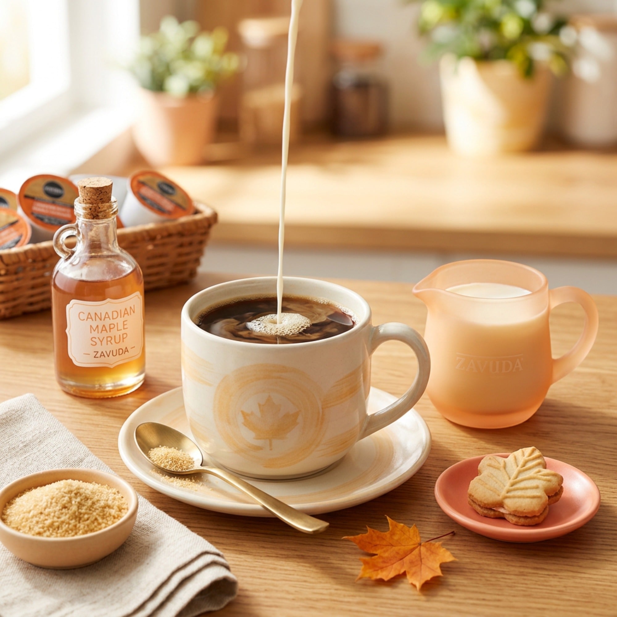 Zavida Canadian Maple coffee pods with a freshly brewed cup of coffee