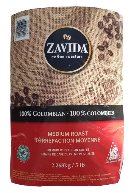 Zavida 100% Colombian, Medium Roast, Premium Whole Bean Coffee, 2.268kg/5 lbs. Bag {Imported from Canada}