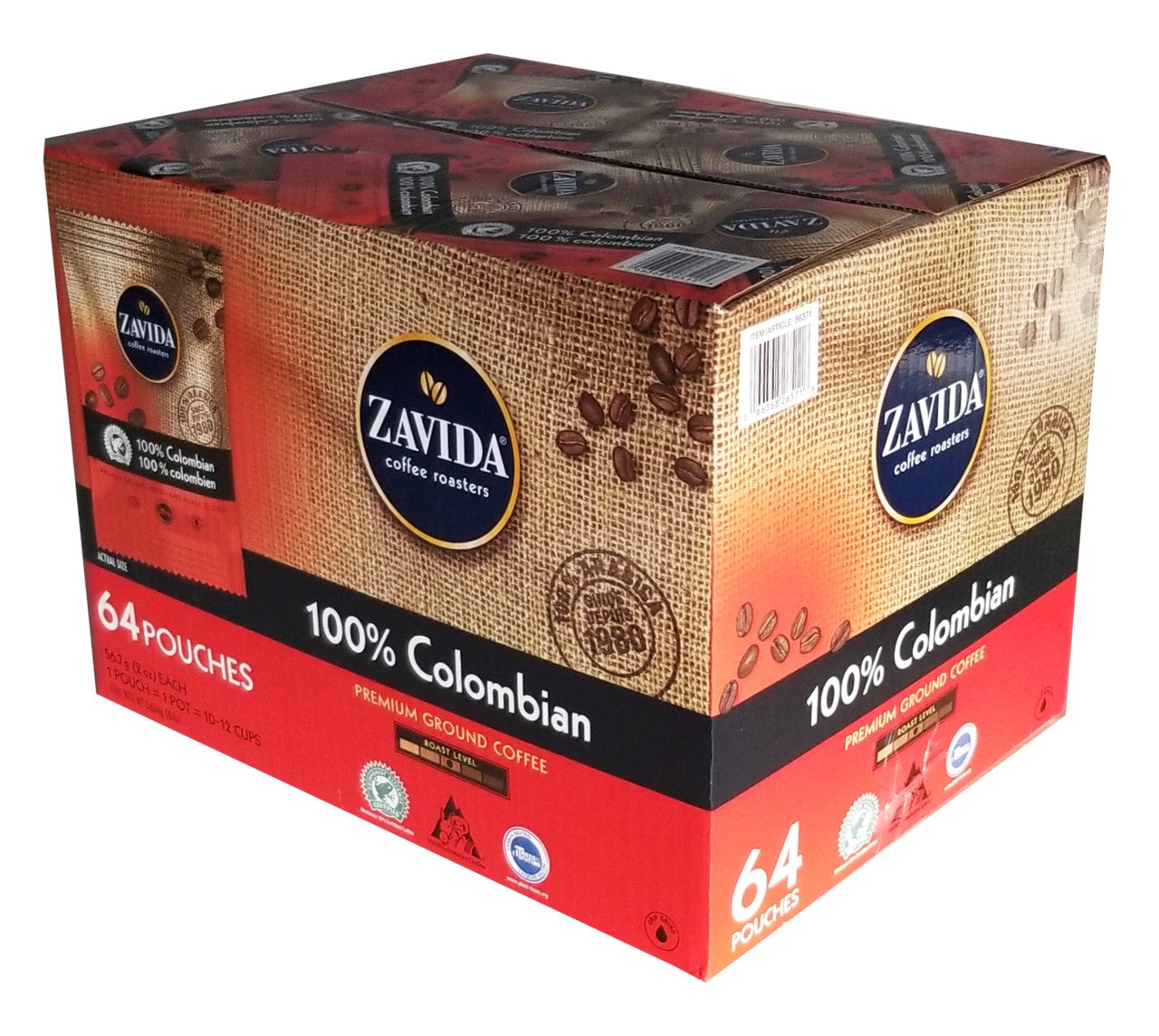 Zavida 100% Colombian, Medium Roast, Premium Ground Coffee, 64 pouches (56.7g/2 oz.), 3.6kg/8 lbs. Box {Imported from Canada}