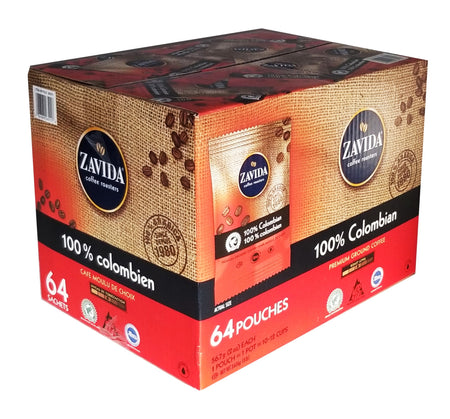 Zavida 100% Colombian, Medium Roast, Premium Ground Coffee, 64 pouches (56.7g/2 oz.), 3.6kg/8 lbs. Box {Imported from Canada}