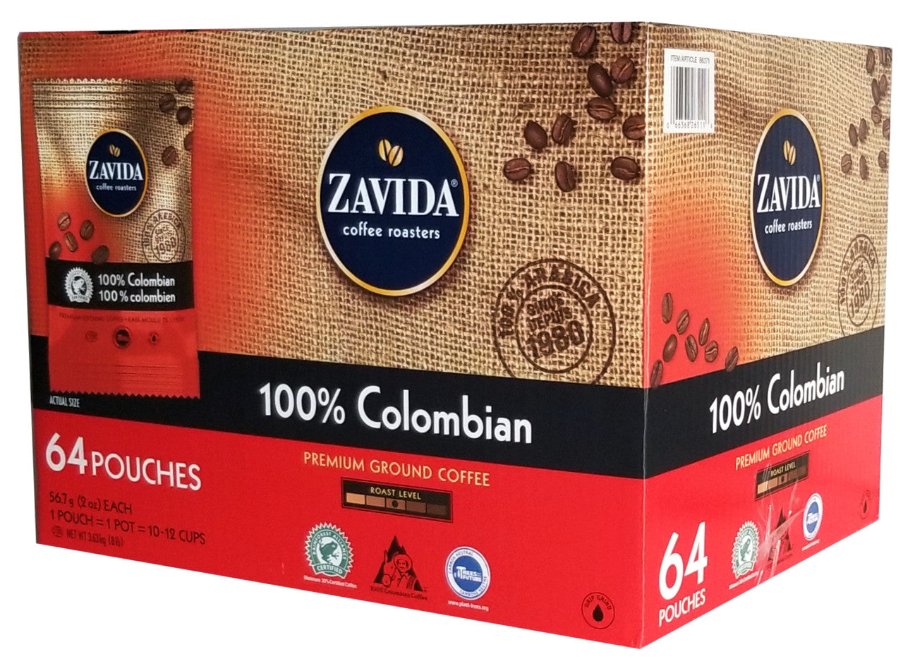 Zavida 100% Colombian, Medium Roast, Premium Ground Coffee, 64 pouches (56.7g/2 oz.), 3.6kg/8 lbs. Box {Imported from Canada}