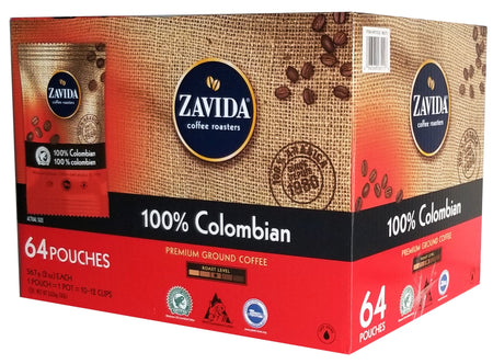 Zavida 100% Colombian, Medium Roast, Premium Ground Coffee, 64 pouches (56.7g/2 oz.), 3.6kg/8 lbs. Box {Imported from Canada}