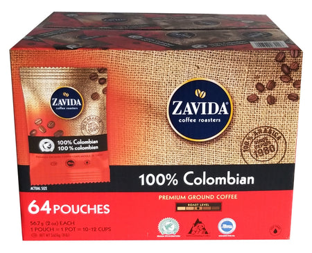 Zavida 100% Colombian, Medium Roast, Premium Ground Coffee, 64 pouches (56.7g/2 oz.), 3.6kg/8 lbs. Box {Imported from Canada}