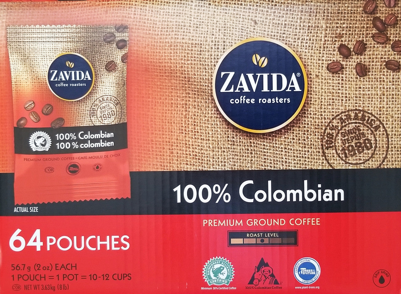 Zavida 100% Colombian, Medium Roast, Premium Ground Coffee, 64 pouches (56.7g/2 oz.), 3.6kg/8 lbs. Box {Imported from Canada}