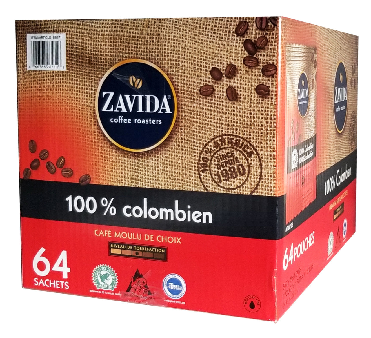Zavida 100% Colombian, Medium Roast, Premium Ground Coffee, 64 pouches (56.7g/2 oz.), 3.6kg/8 lbs. Box {Imported from Canada}