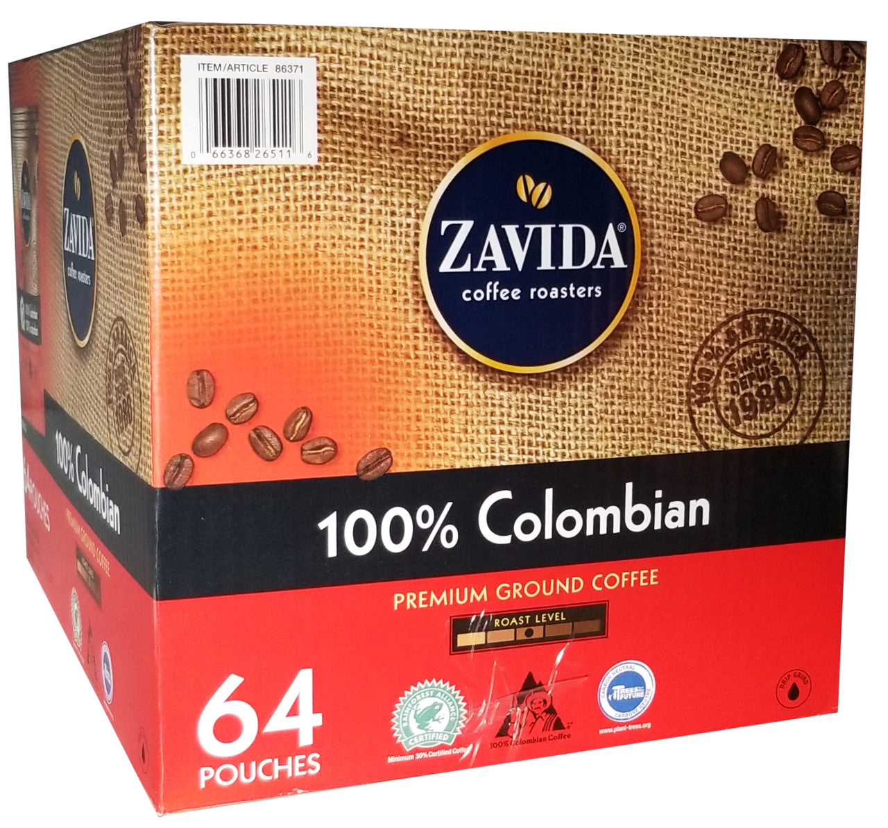 Zavida 100% Colombian, Medium Roast, Premium Ground Coffee, 64 pouches (56.7g/2 oz.), 3.6kg/8 lbs. Box {Imported from Canada}