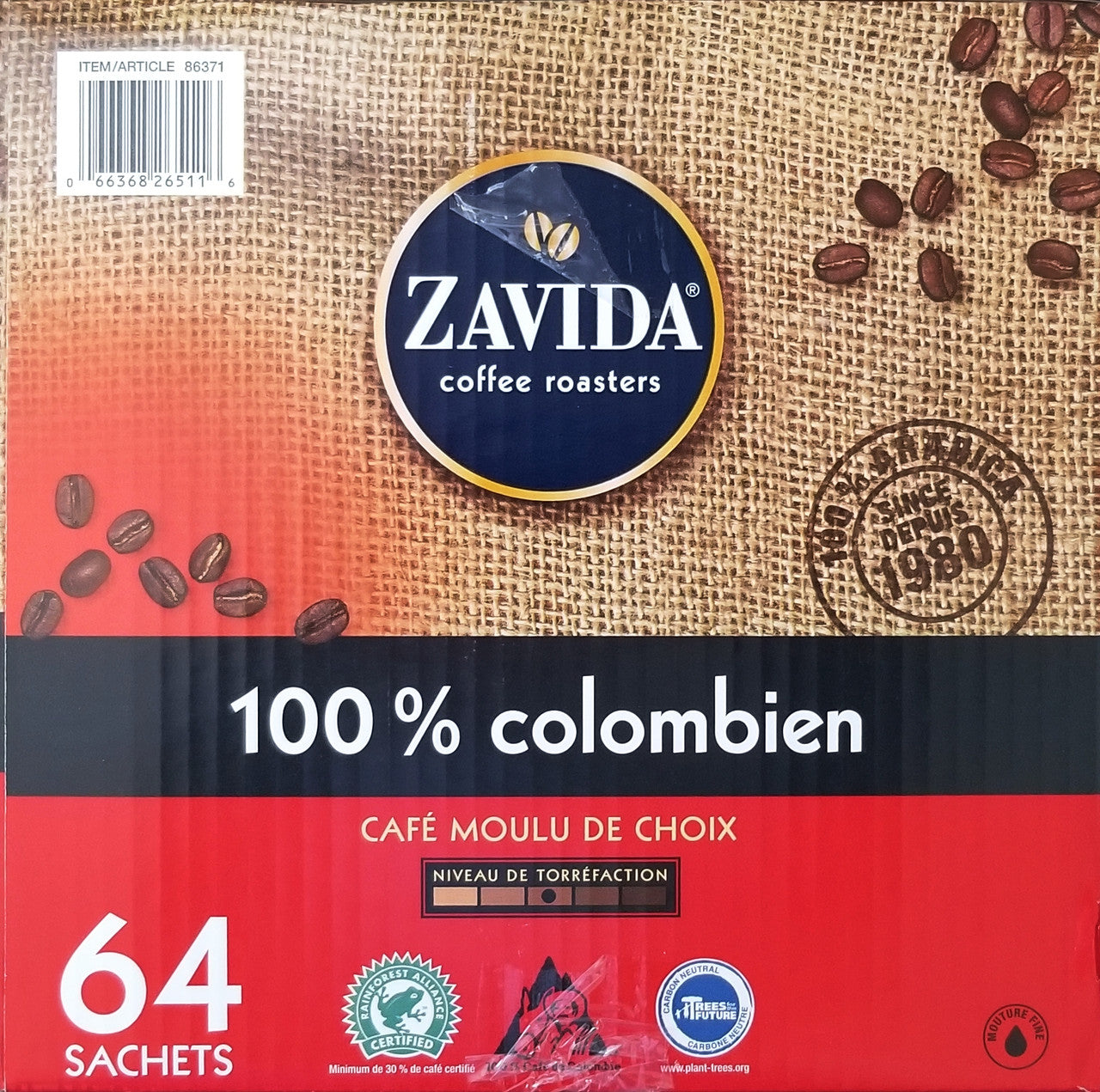 Zavida 100% Colombian, Medium Roast, Premium Ground Coffee, 64 pouches (56.7g/2 oz.), 3.6kg/8 lbs. Box {Imported from Canada}