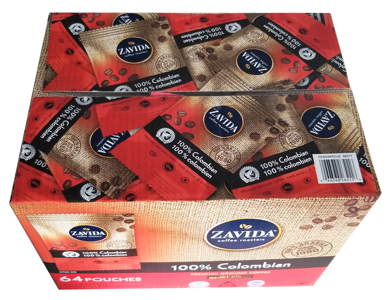 Zavida 100% Colombian, Medium Roast, Premium Ground Coffee, 64 pouches (56.7g/2 oz.), 3.6kg/8 lbs. Box {Imported from Canada}