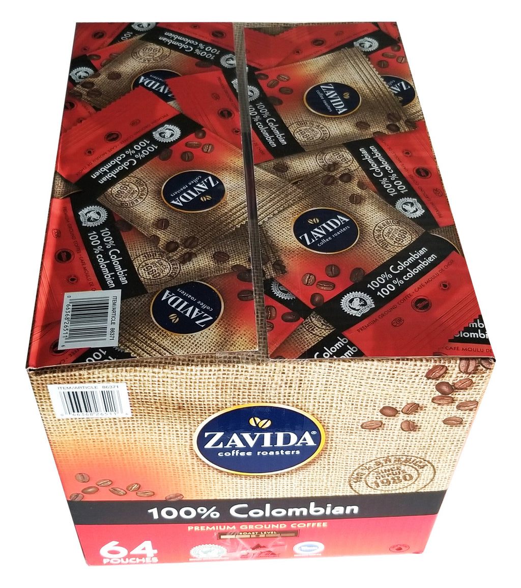Zavida 100% Colombian, Medium Roast, Premium Ground Coffee, 64 pouches (56.7g/2 oz.), 3.6kg/8 lbs. Box {Imported from Canada}