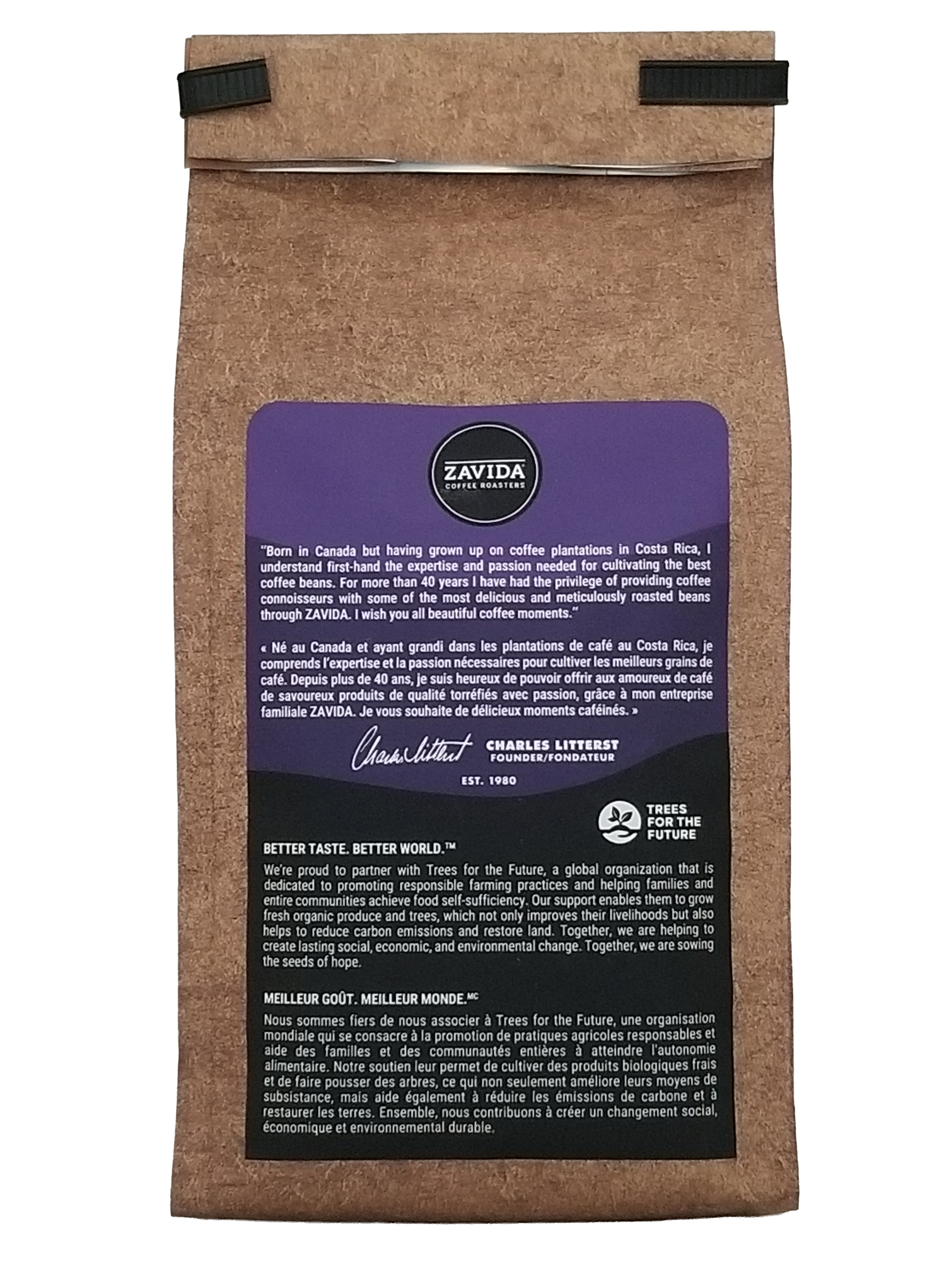 Zavida Premium Hazelnut Vanilla Ground Coffee, 340g/12 oz with a purple label on a white background