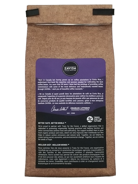 Zavida Premium Hazelnut Vanilla Ground Coffee, 340g/12 oz with a purple label on a white background