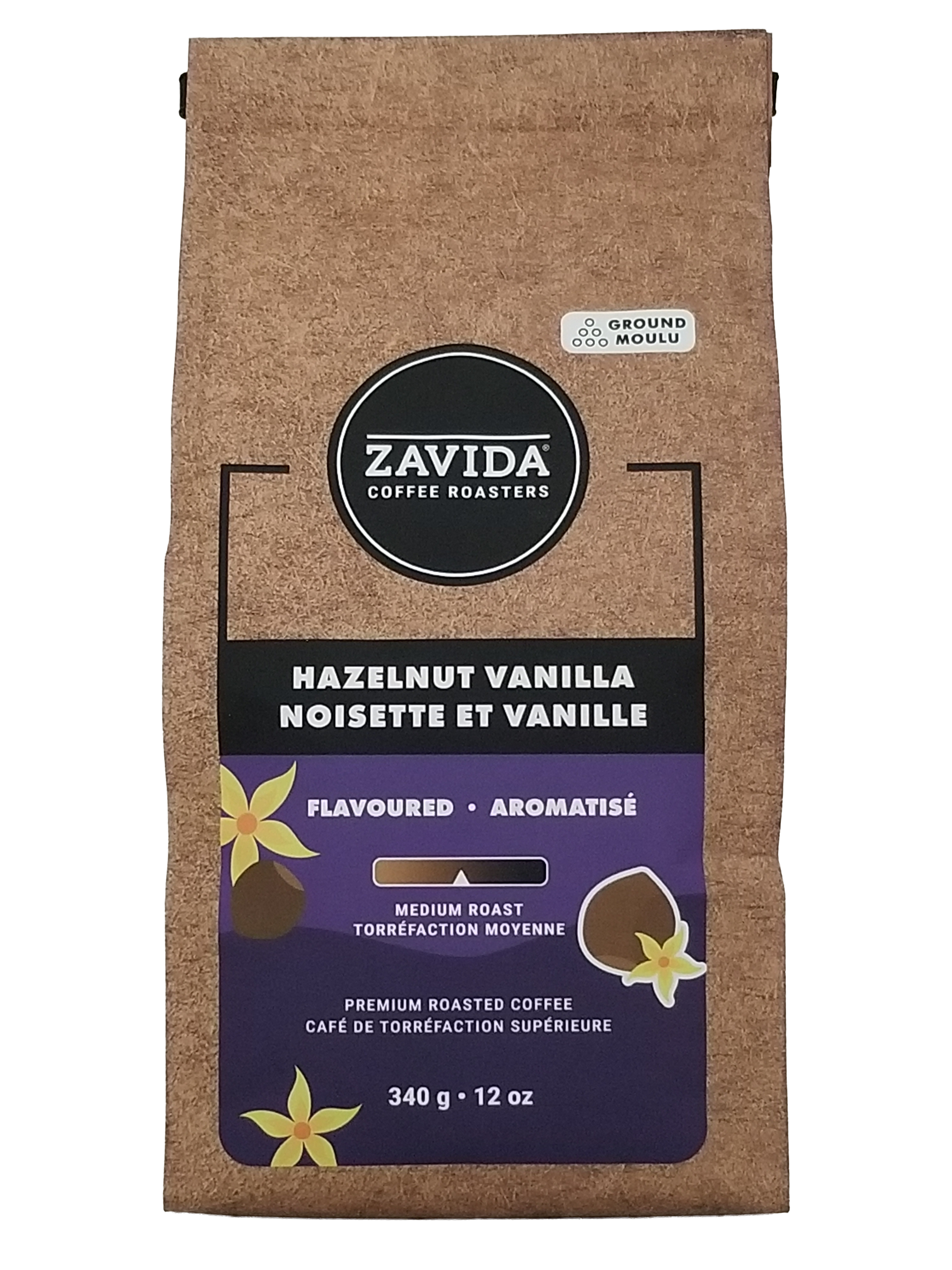 Zavida Premium Hazelnut Vanilla Ground Coffee, 340g/12 oz on a white background