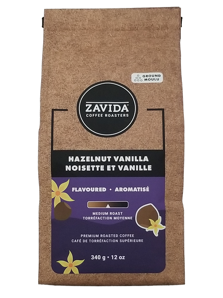 Zavida Premium Hazelnut Vanilla Ground Coffee, 340g/12 oz on a white background