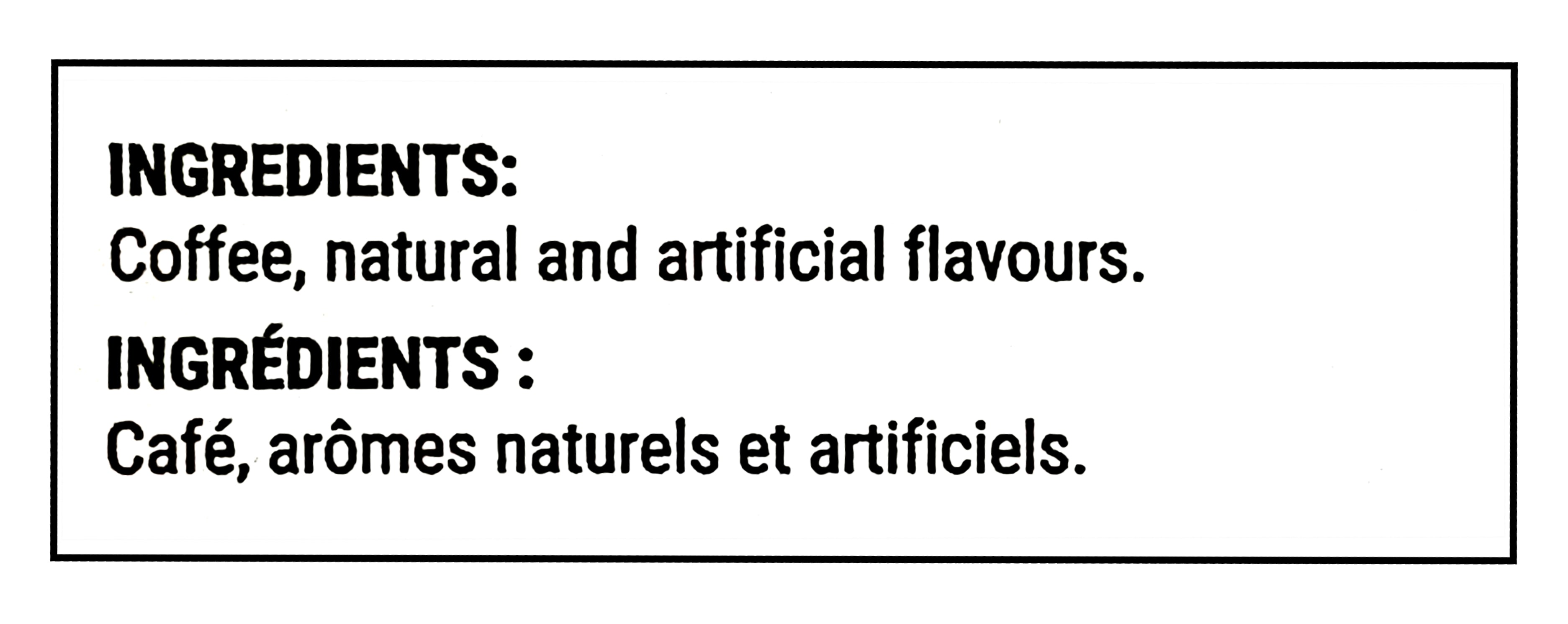 Ingredients label for Zavida Premium Hazelnut Vanilla Ground Coffee, 340g/12 oz with text about coffee and flavors on a black background