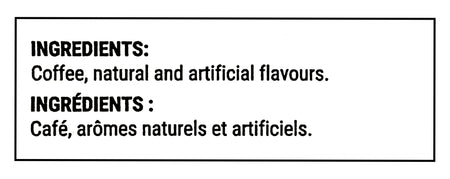 Ingredients label for Zavida Premium Hazelnut Vanilla Ground Coffee, 340g/12 oz with text about coffee and flavors on a black background