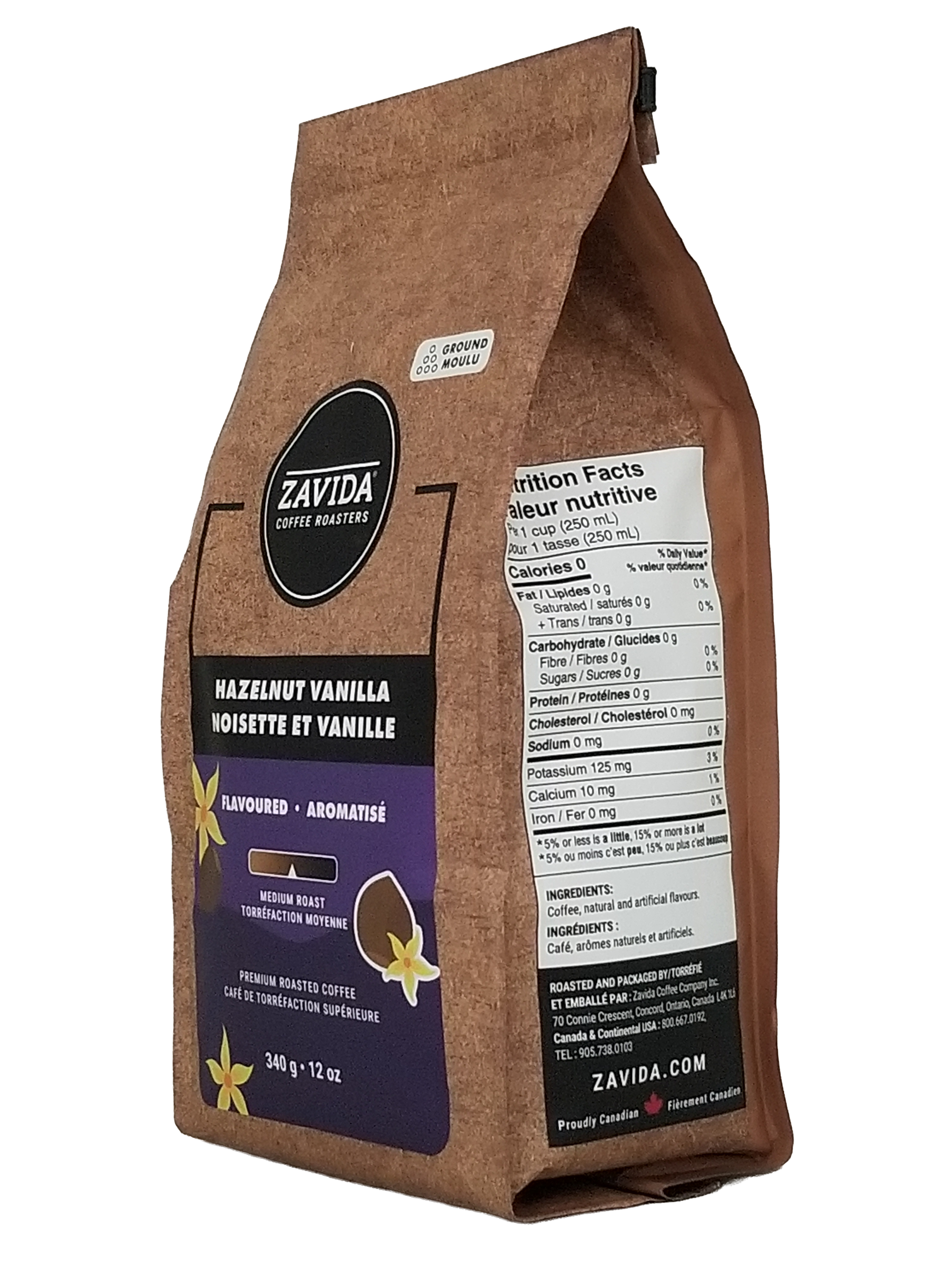 Zavida Premium Hazelnut Vanilla Ground Coffee, 340g/12 oz with nutrition facts label on a white background
